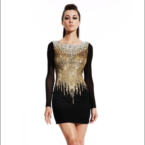 Black, Gold sequin Long Sleeve Cocktail Dress - Picture 1 of 4